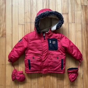 Peluche & Tartine Kids Red Puffer Jacket with Faux Fur Hood & Mittens Size 18m